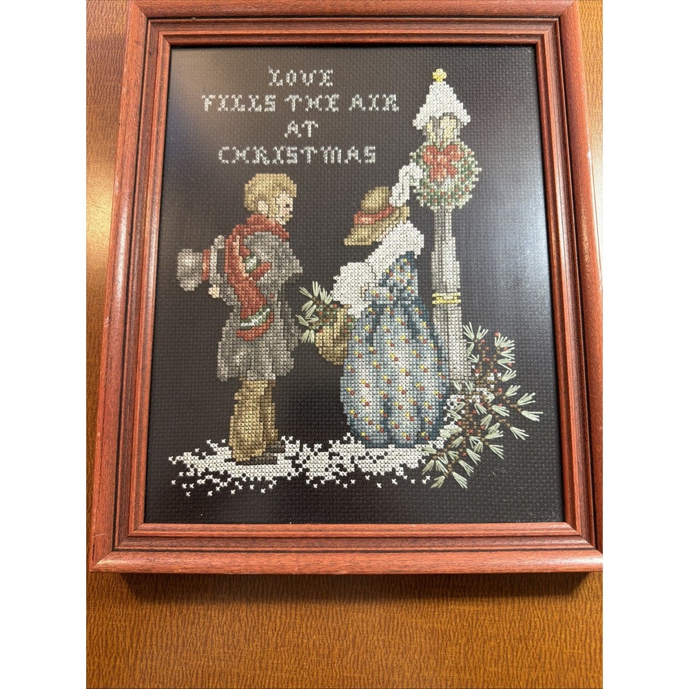 Vtg Victorian Christmas Cross Stitch Finished Framed 8x10